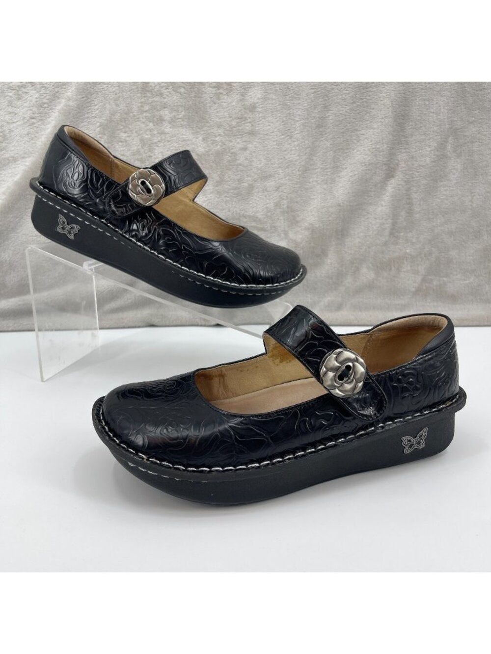 Alegria Paloma Black Embossed Leather Rose Mary Jane Comfort Shoes